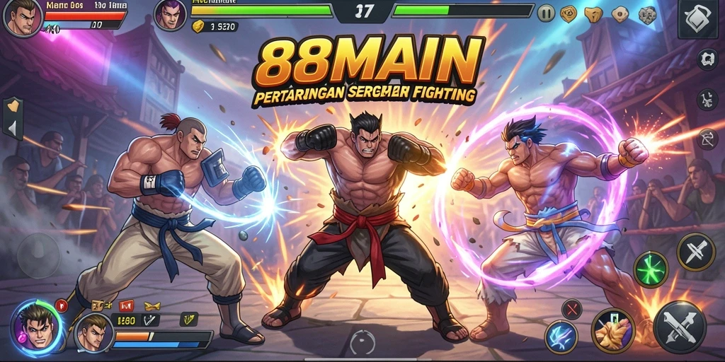 Tangkapan layar gameplay <strong>88MAIN</strong> yang menunjukkan pertarungan epik antar karakter.