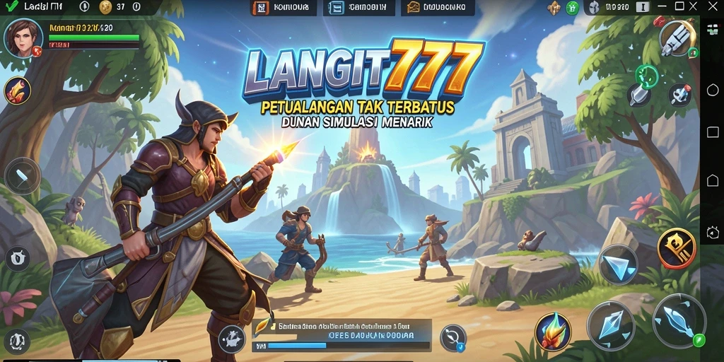 Tangkapan layar utama <strong>LANGIT777</strong> memperlihatkan gameplay simulasi yang penuh warna dan aktivitas.