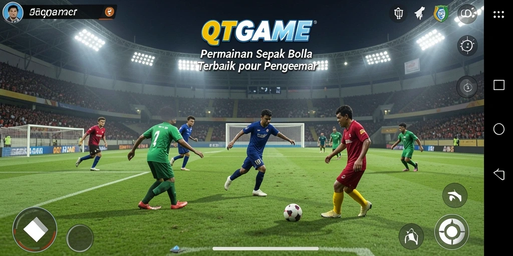 Tampilan gameplay QTGAME dengan aksi sepak bola yang mendebarkan.